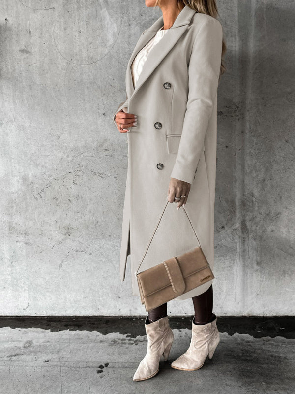 Women's Solid Color Long-sleeved Double-breasted Trench Coat