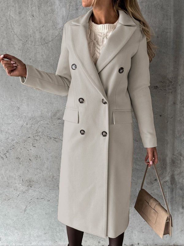 Women's Solid Color Long-sleeved Double-breasted Trench Coat