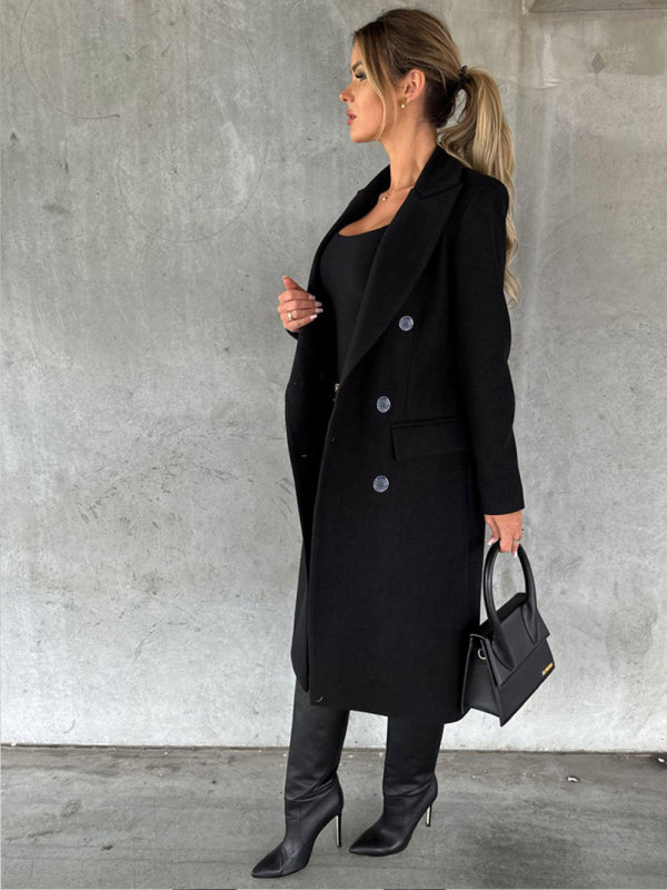 Women's Solid Color Long-sleeved Double-breasted Trench Coat