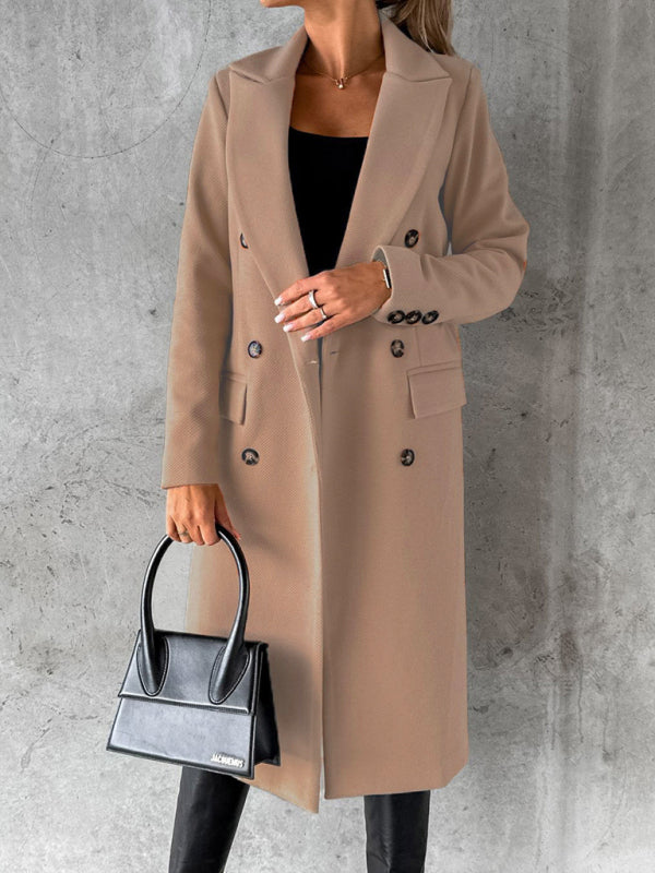 Women's Solid Color Long-sleeved Double-breasted Trench Coat