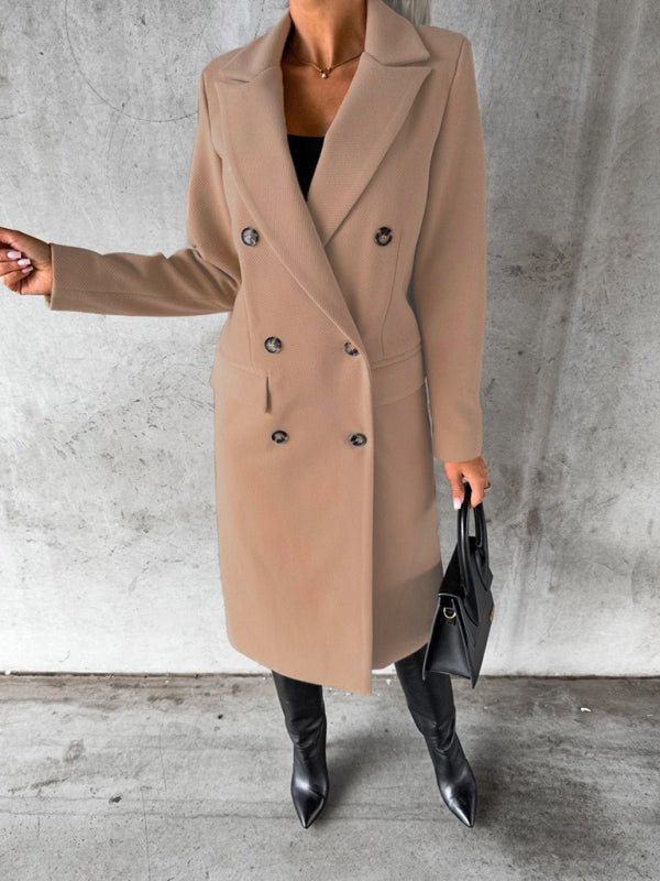 Women's Solid Color Long-sleeved Double-breasted Trench Coat