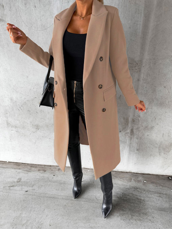 Women's Solid Color Long-sleeved Double-breasted Trench Coat