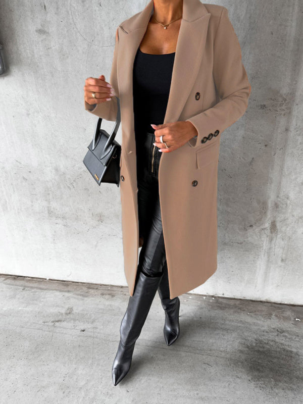 Women's Solid Color Long-sleeved Double-breasted Trench Coat
