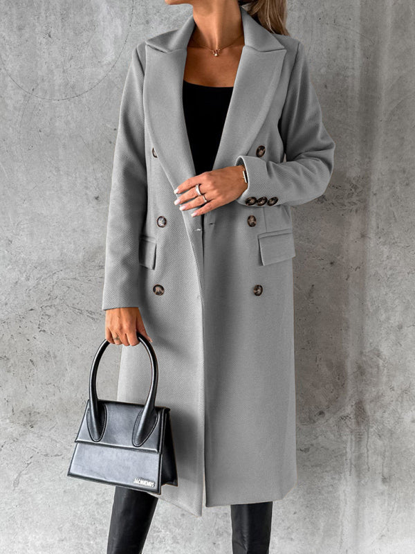 Women's Solid Color Long-sleeved Double-breasted Trench Coat