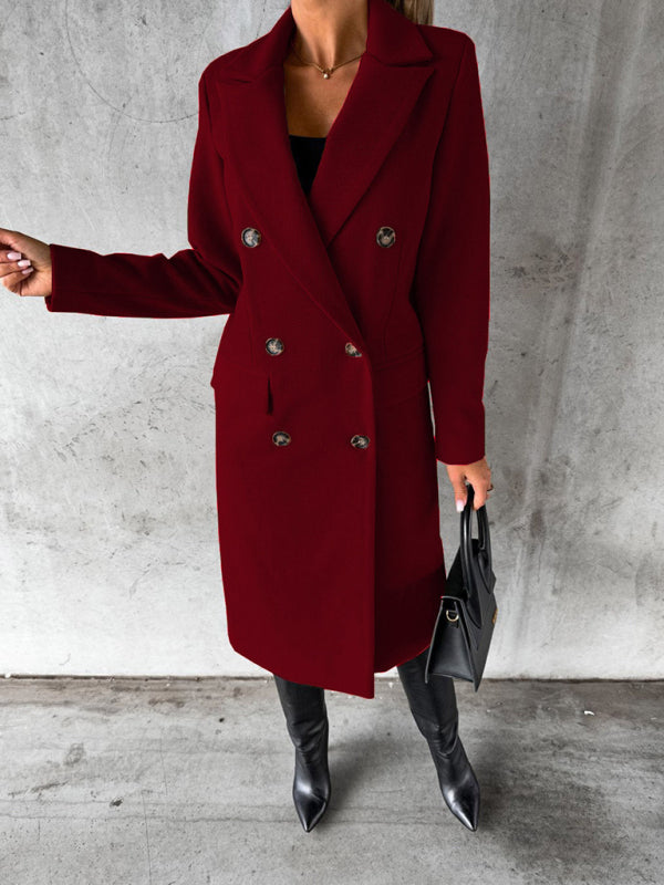 Women's Solid Color Long-sleeved Double-breasted Trench Coat