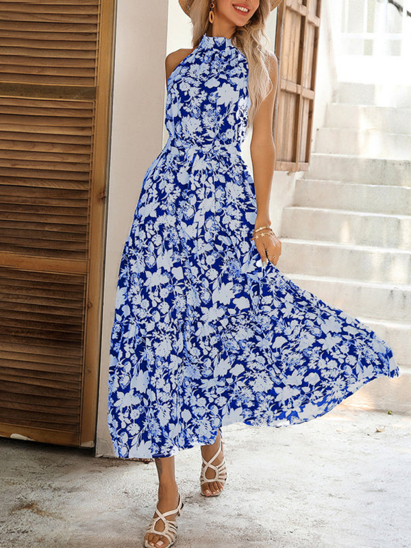 Summer French Halter Neck Sleeveless Slit Print Dress - Premium Dresses from kakaclo - Just $17.89! Shop now at Craftklart.store