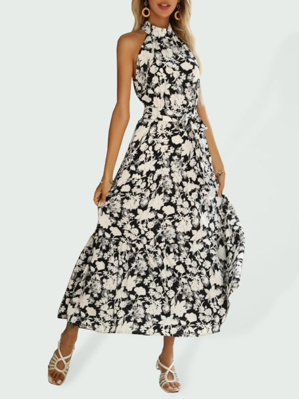 Summer French Halter Neck Sleeveless Slit Print Dress - Premium Dresses from kakaclo - Just $17.89! Shop now at Craftklart.store