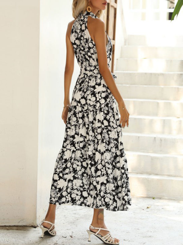 Summer French Halter Neck Sleeveless Slit Print Dress - Premium Dresses from kakaclo - Just $17.89! Shop now at Craftklart.store