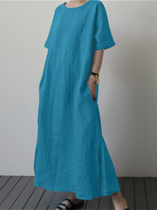 Women's Cotton Linen Loose Solid Color Short Sleeve Belt Slit Dress - Craftklart.store
