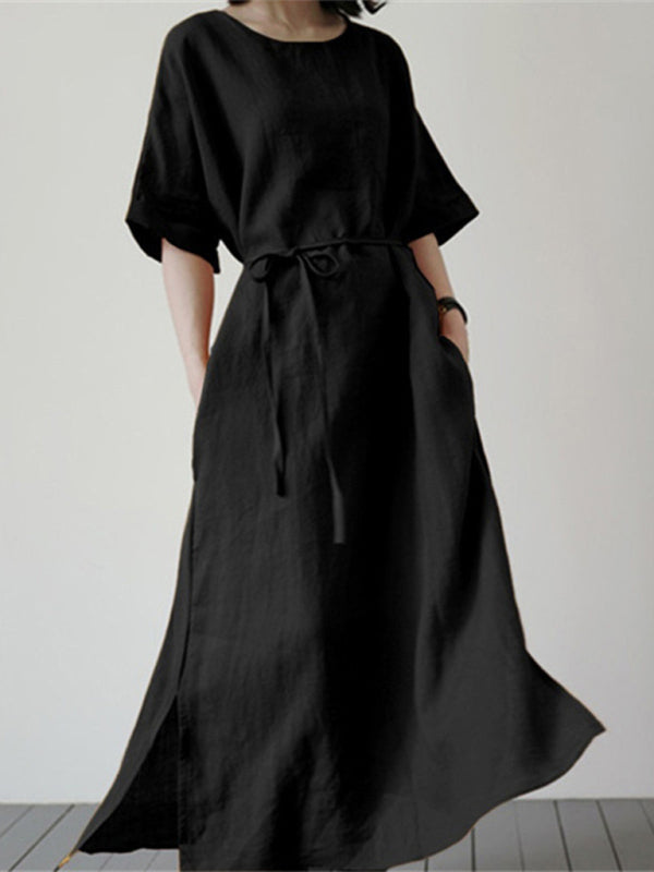 Women's Cotton Linen Loose Solid Color Short Sleeve Belt Slit Dress - Craftklart.store