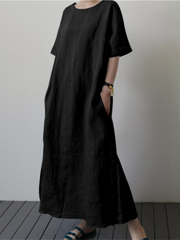 Women's Cotton Linen Loose Solid Color Short Sleeve Belt Slit Dress - Craftklart.store