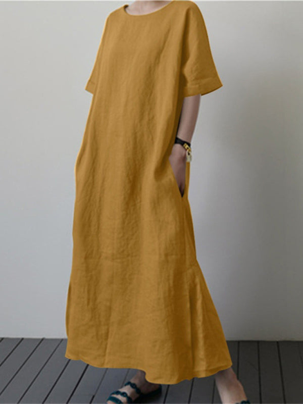 Women's Cotton Linen Loose Solid Color Short Sleeve Belt Slit Dress - Craftklart.store