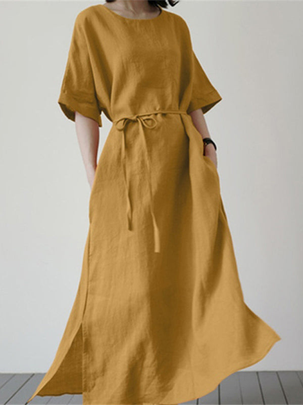 Women's Cotton Linen Loose Solid Color Short Sleeve Belt Slit Dress - Craftklart.store