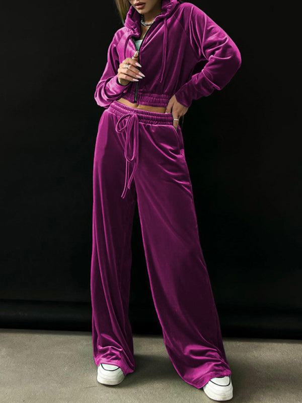 New Ladies Fashion Long Sleeve Hoodie Gold Velvet Casual Pants Suit - Craftklart.store