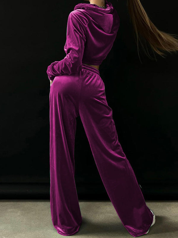 New Ladies Fashion Long Sleeve Hoodie Gold Velvet Casual Pants Suit - Craftklart.store