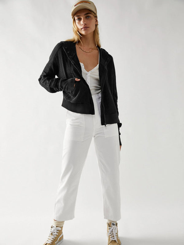 Women Spring-Summer Lightweight Woven Jacket with Slant Pockets - Craftklart.store