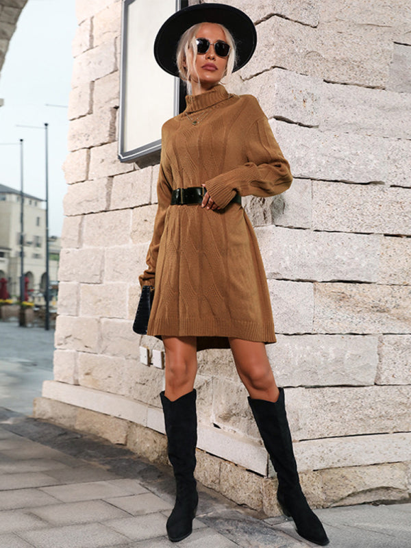 New Mid-high Collar Solid Color Sweater Dress (belt not included)