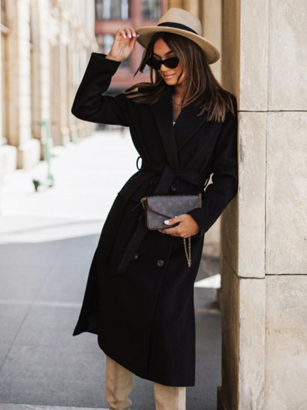 Women's Simple Long-sleeved Solid Color Suit Collar Tie-up Woolen Jacket