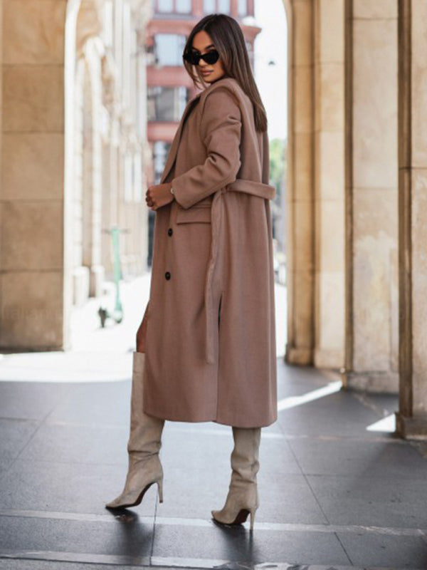Women's Simple Long-sleeved Solid Color Suit Collar Tie-up Woolen Jacket
