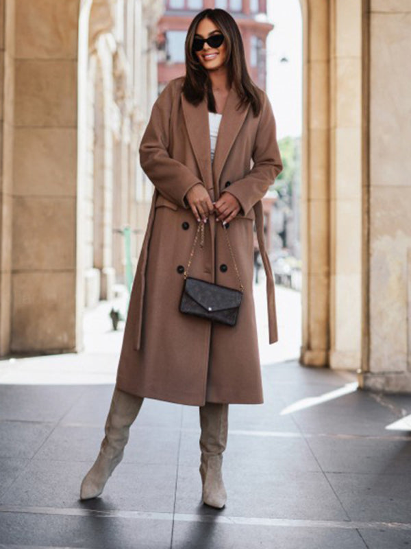 Women's Simple Long-sleeved Solid Color Suit Collar Tie-up Woolen Jacket