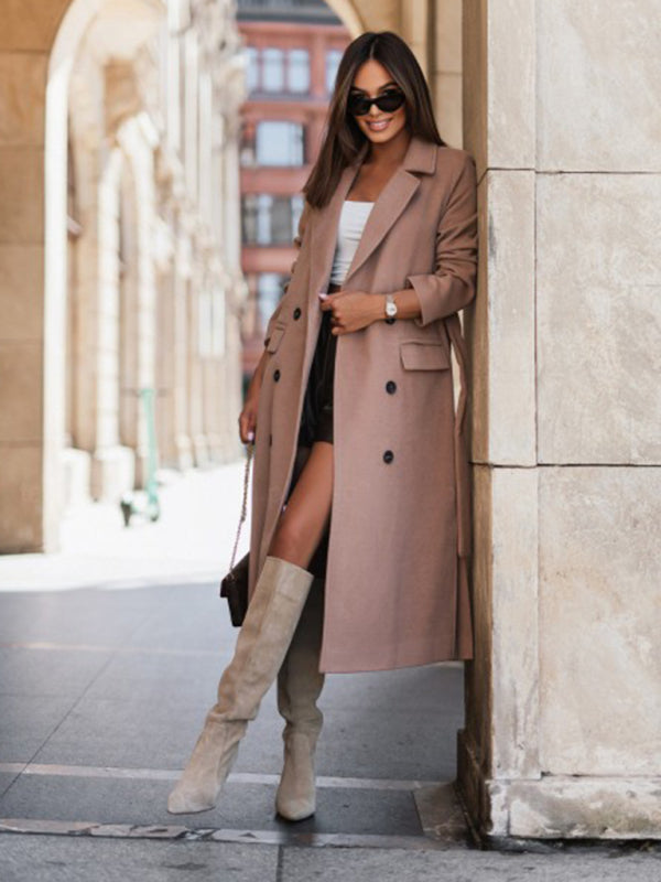 Women's Simple Long-sleeved Solid Color Suit Collar Tie-up Woolen Jacket
