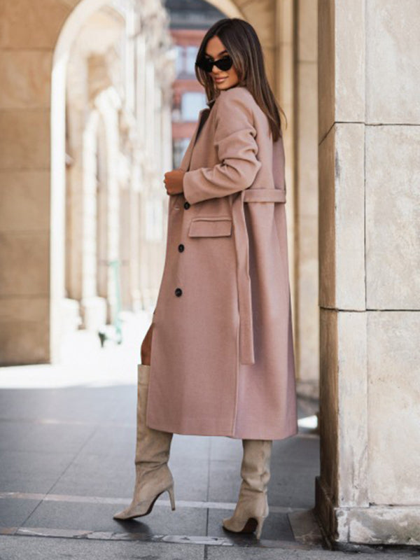Women's Simple Long-sleeved Solid Color Suit Collar Tie-up Woolen Jacket