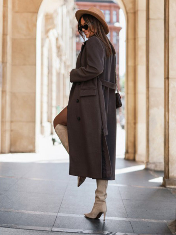 Women's Simple Long-sleeved Solid Color Suit Collar Tie-up Woolen Jacket