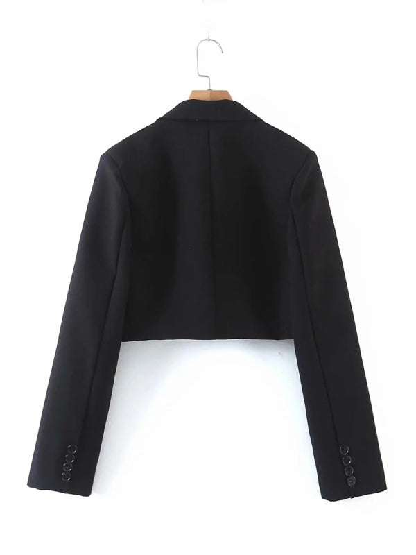 Casual Diagonal Button Short Blazer + High Waist Pocket Skirt Suit