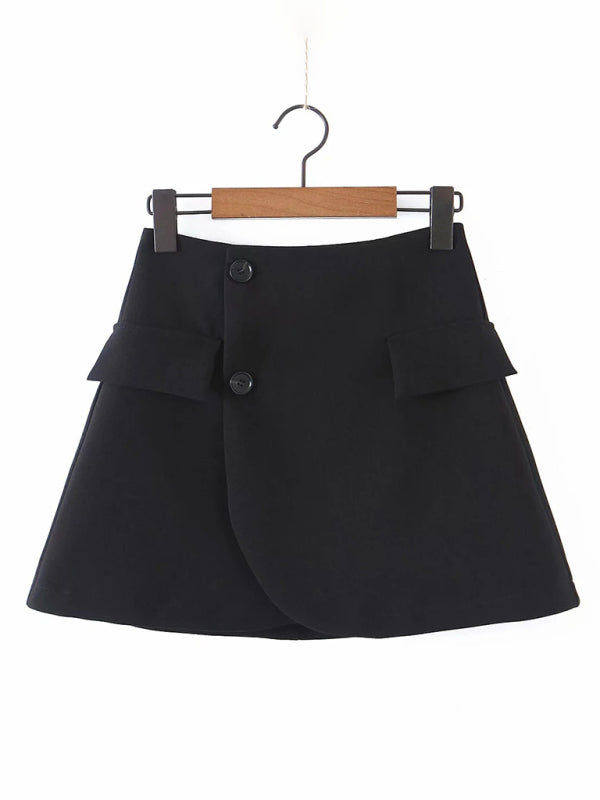 Casual Diagonal Button Short Blazer + High Waist Pocket Skirt Suit