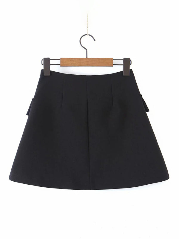 Casual Diagonal Button Short Blazer + High Waist Pocket Skirt Suit