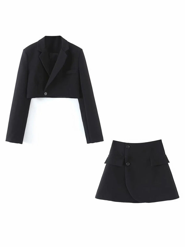 Casual Diagonal Button Short Blazer + High Waist Pocket Skirt Suit