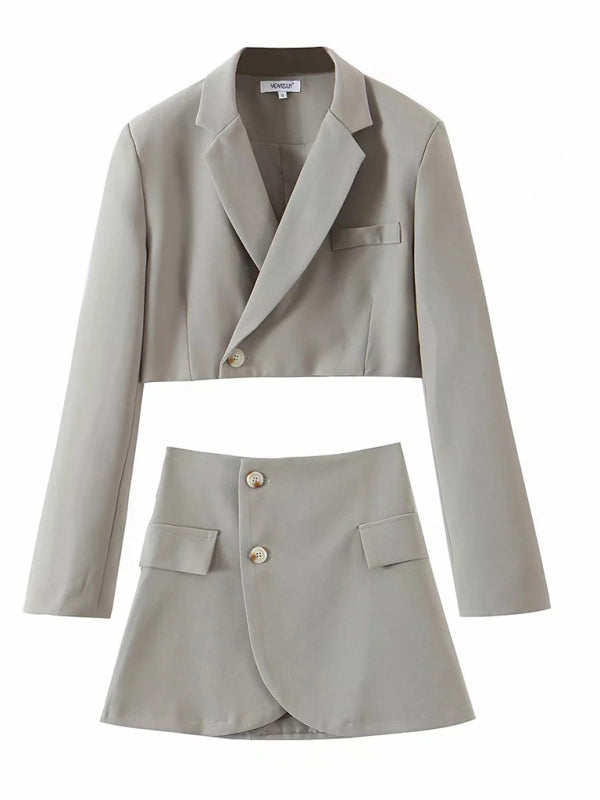 Casual Diagonal Button Short Blazer + High Waist Pocket Skirt Suit