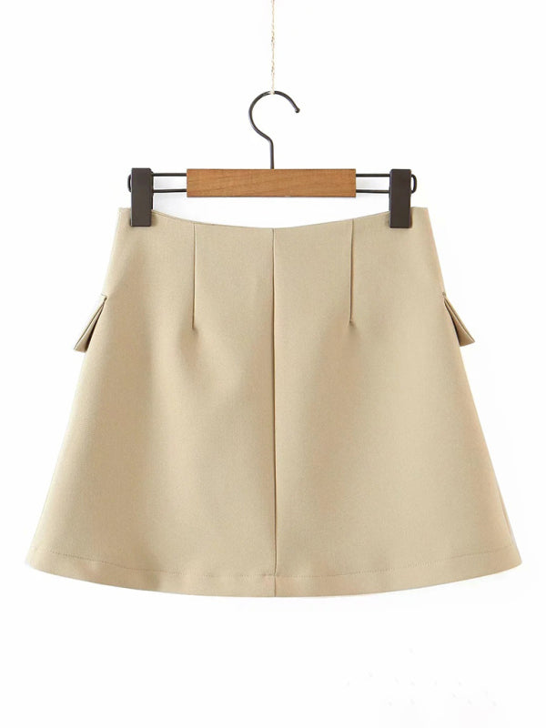 Casual Diagonal Button Short Blazer + High Waist Pocket Skirt Suit