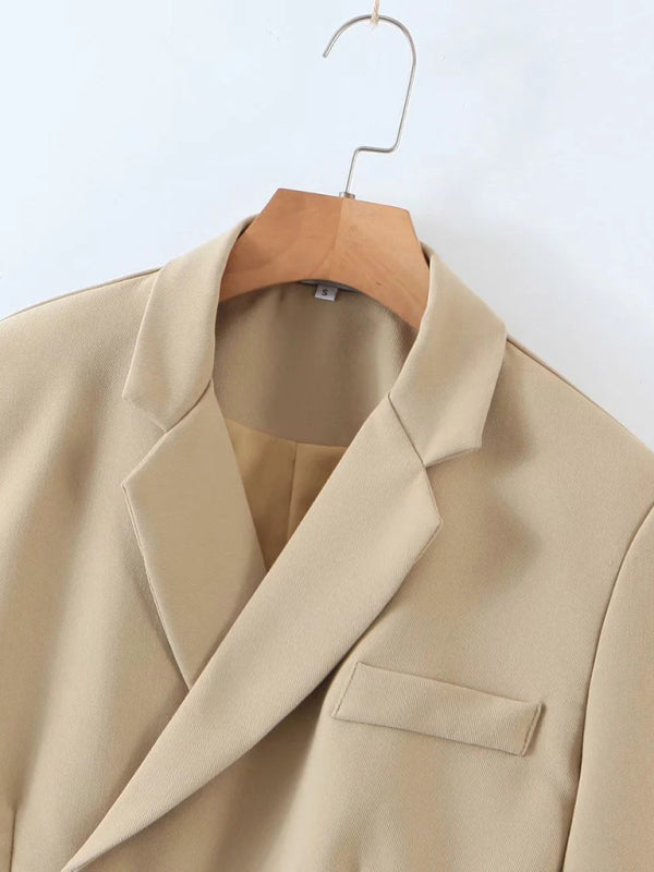 Casual Diagonal Button Short Blazer + High Waist Pocket Skirt Suit