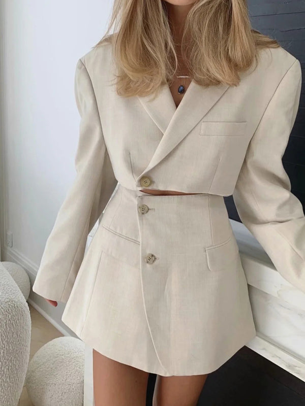 Casual Diagonal Button Short Blazer + High Waist Pocket Skirt Suit