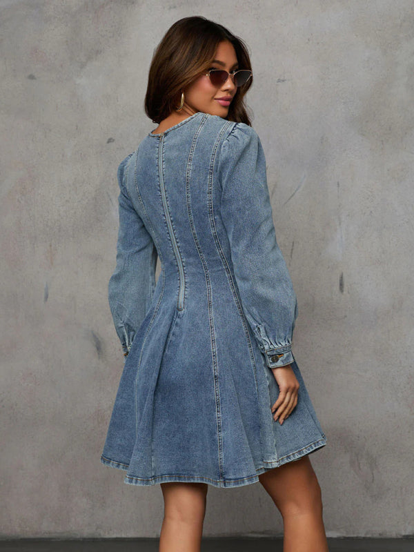 Fashion Casual Patchwork Waist Women's Denim Long Sleeve Dress - Premium Dress from kakaclo - Just $30.70! Shop now at Craftklart.store