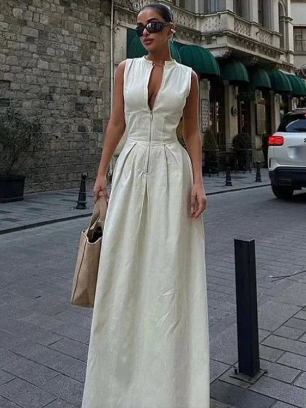 New Sleeveless V-neck Casual Commuter Waist Zipper Neck Dress - Premium Dresses from kakaclo - Just $21.42! Shop now at Craftklart.store