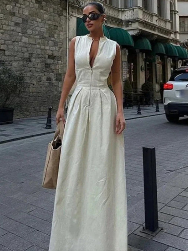 New Sleeveless V-neck Casual  Commuter Waist Zipper Neck Dress - Premium Dresses from kakaclo - Just $21.42! Shop now at Craftklart.store