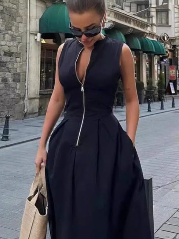 New Sleeveless V-neck Casual Commuter Waist Zipper Neck Dress - Premium Dresses from kakaclo - Just $21.42! Shop now at Craftklart.store
