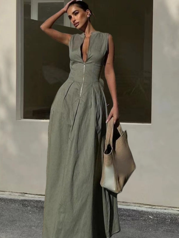 New Sleeveless V-neck Casual  Commuter Waist Zipper Neck Dress - Premium Dresses from kakaclo - Just $21.42! Shop now at Craftklart.store