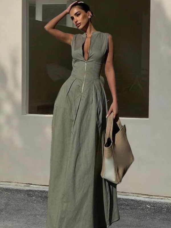 New Sleeveless V-neck Casual Commuter Waist Zipper Neck Dress - Premium Dresses from kakaclo - Just $21.42! Shop now at Craftklart.store
