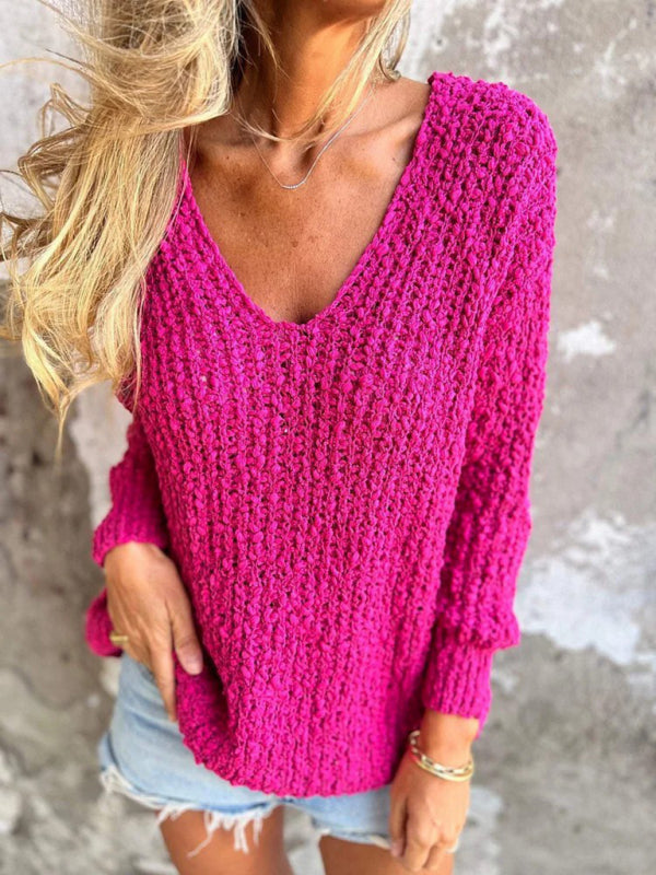 New Chunky Flower Knitted V-Neck Lazy Long Sleeve Sweater - Craftklart.store