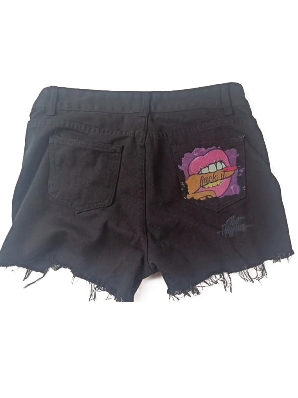 Lips Biting Finger Print Fashion Ripped Denim Shorts - Premium Shorts from kakaclo - Just $9.99! Shop now at Craftklart.store