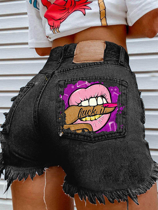 Lips Biting Finger Print Fashion Ripped Denim Shorts - Premium Shorts from kakaclo - Just $9.99! Shop now at Craftklart.store