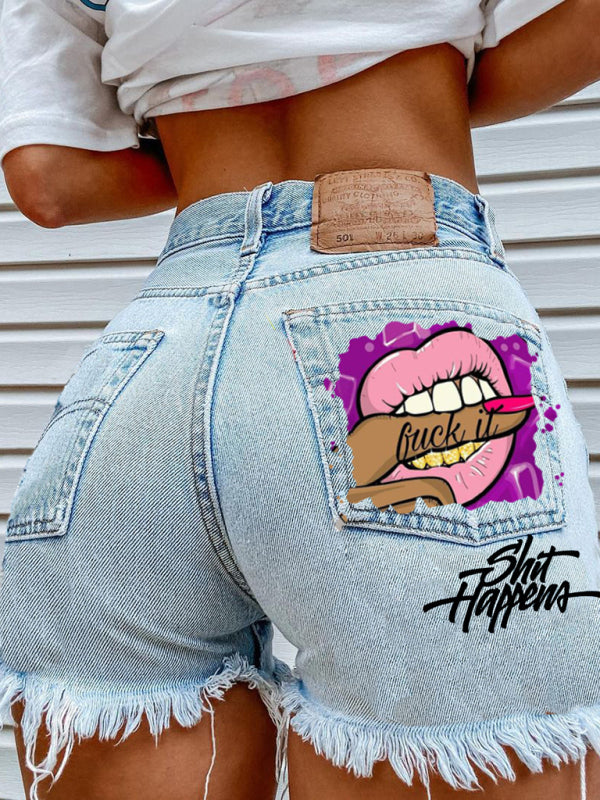 Lips Biting Finger Print Fashion Ripped Denim Shorts - Premium Shorts from kakaclo - Just $9.99! Shop now at Craftklart.store