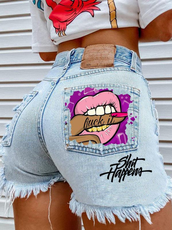 Lips Biting Finger Print Fashion Ripped Denim Shorts - Premium Shorts from kakaclo - Just $9.99! Shop now at Craftklart.store