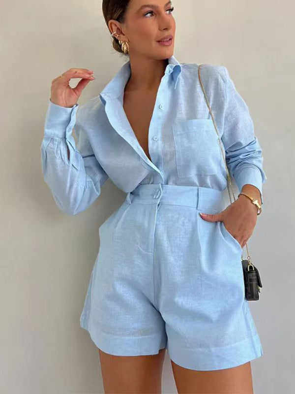 Fashion Casual Short Trousers and Long-sleeved Shirt Set - Premium Shorts from kakaclo - Just $14.99! Shop now at Craftklart.store