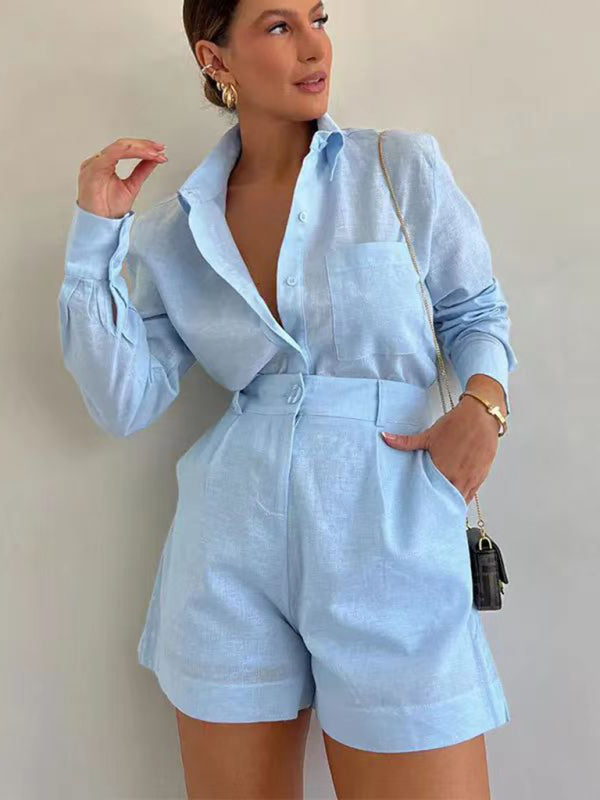 Fashion Casual Short Trousers and Long-sleeved Shirt Set - Premium Shorts from kakaclo - Just $14.99! Shop now at Craftklart.store