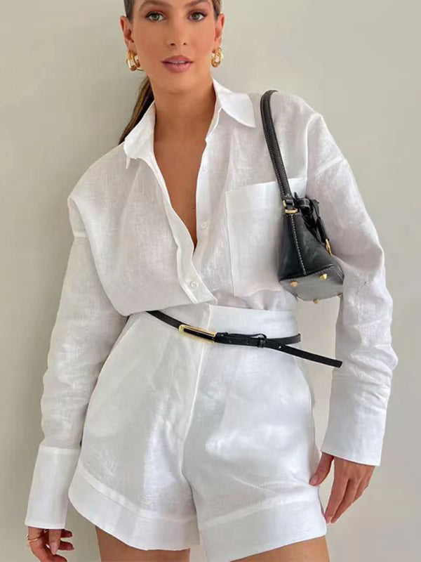Fashion Casual Short Trousers and Long-sleeved Shirt Set - Premium Shorts from kakaclo - Just $14.99! Shop now at Craftklart.store