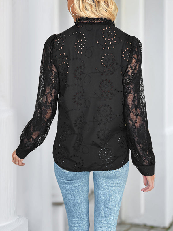 Women Solid Color Lace Patchwork Shirt Top